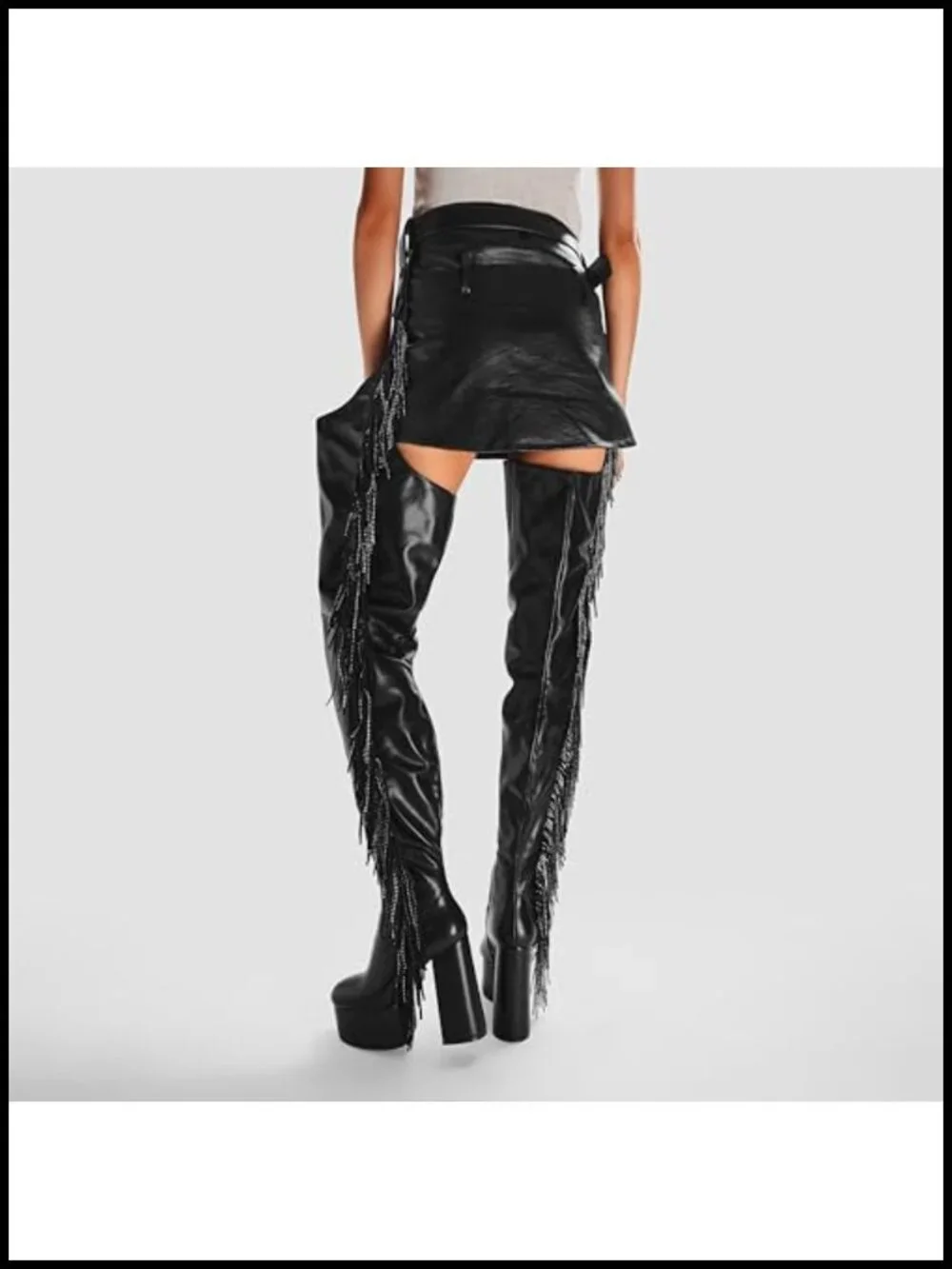 Fringe Over The Knee Platform Boots Belted Thigh High Chunky Heel Zipper